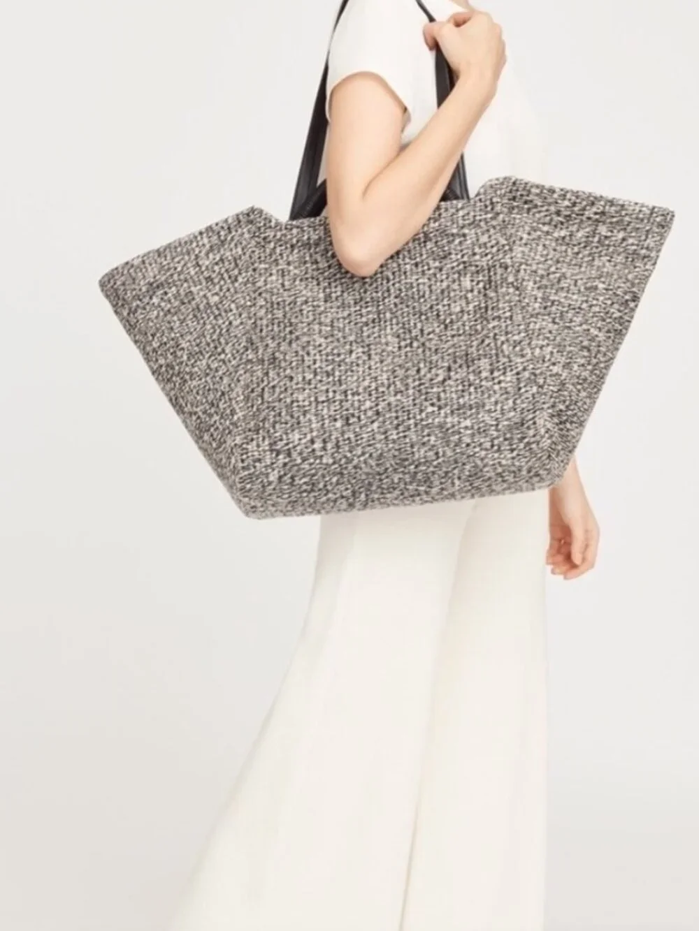 Cuyana Raffia Woven Tote Black White Leather Trim Large Quiet Luxury Beach Bag